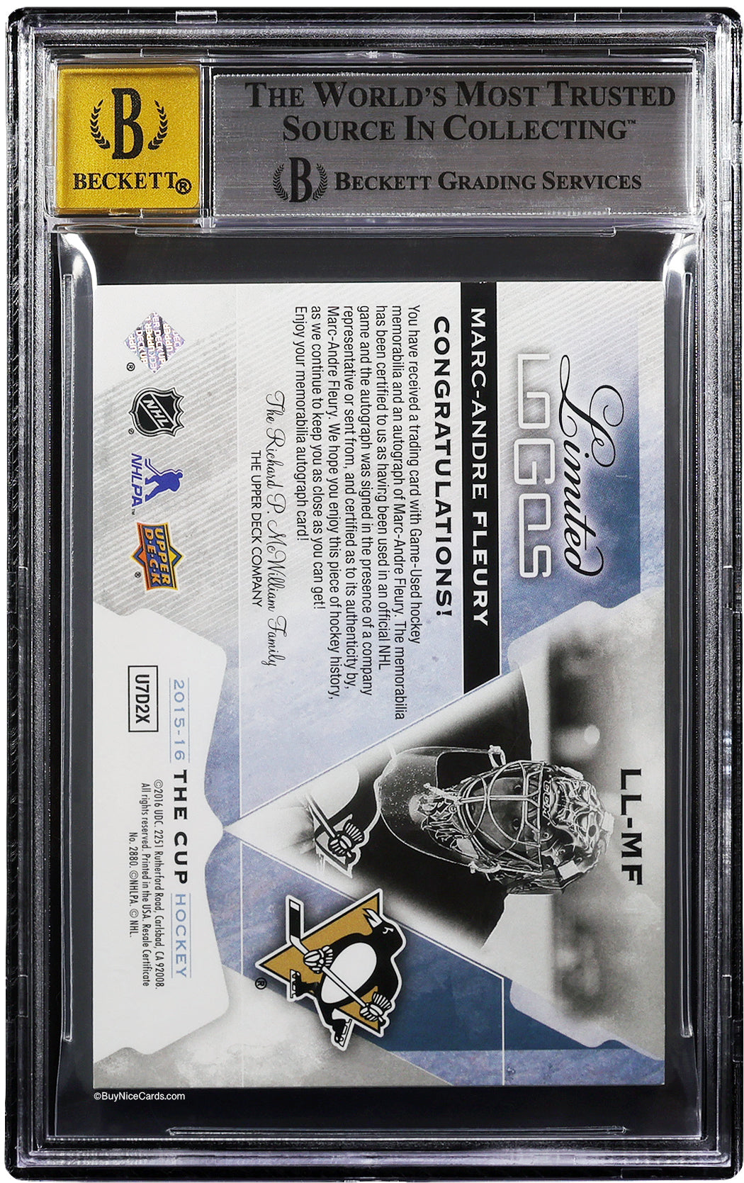2015-16 Marc -Andre Fleury Upper Deck The Cup Limited Logos Patch Auto /50 BGS 9