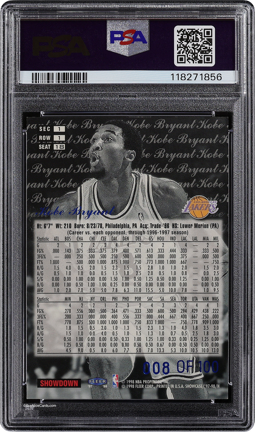 1997 Kobe Bryant Flair Showcase Legacy Collection Row 1 Jersey #8/100 PSA 5 EX