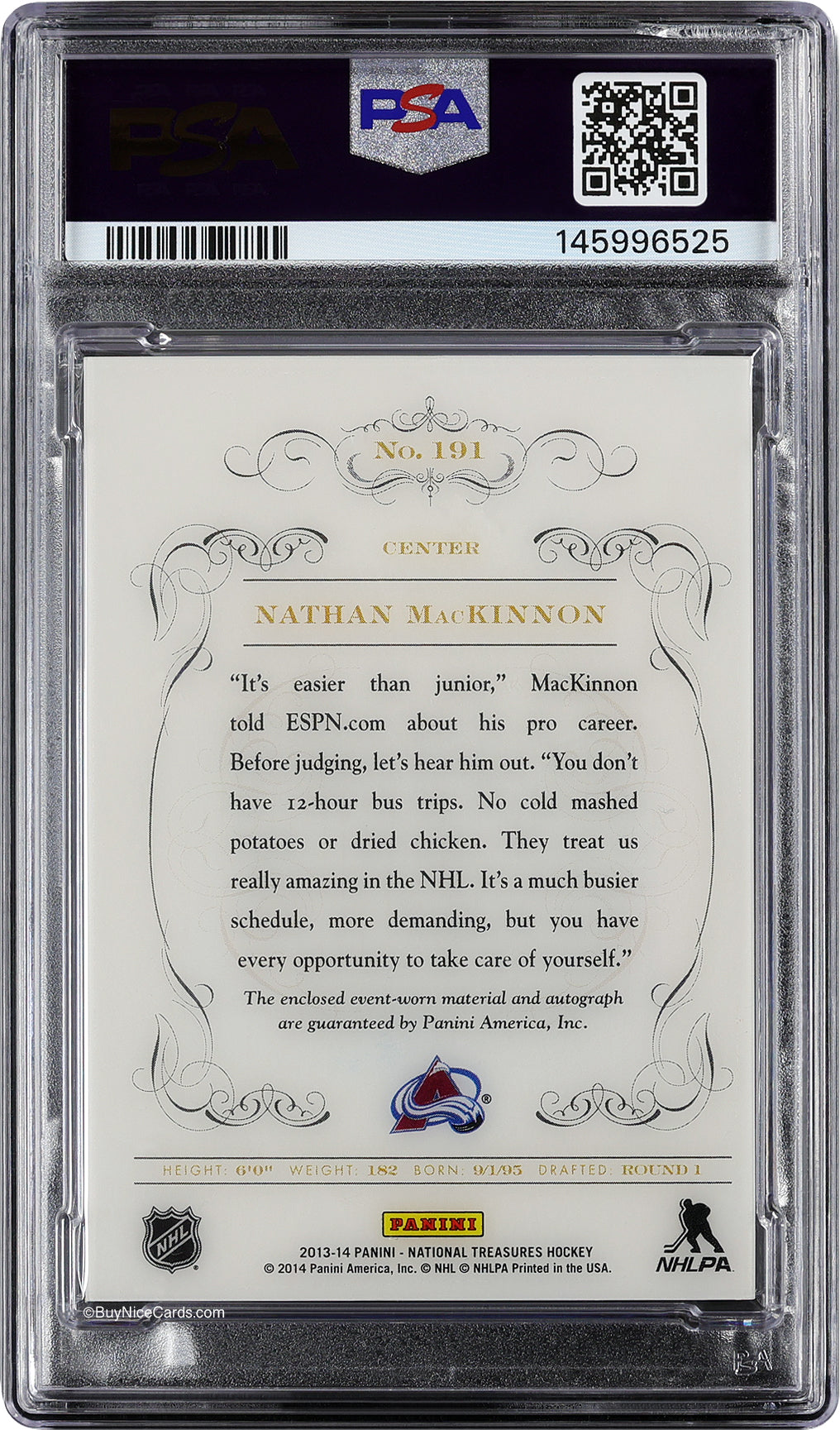 2013 Nathan Mackinnon Panini National Treasures RC Rookie Patch Auto /99 #191 PSA 6