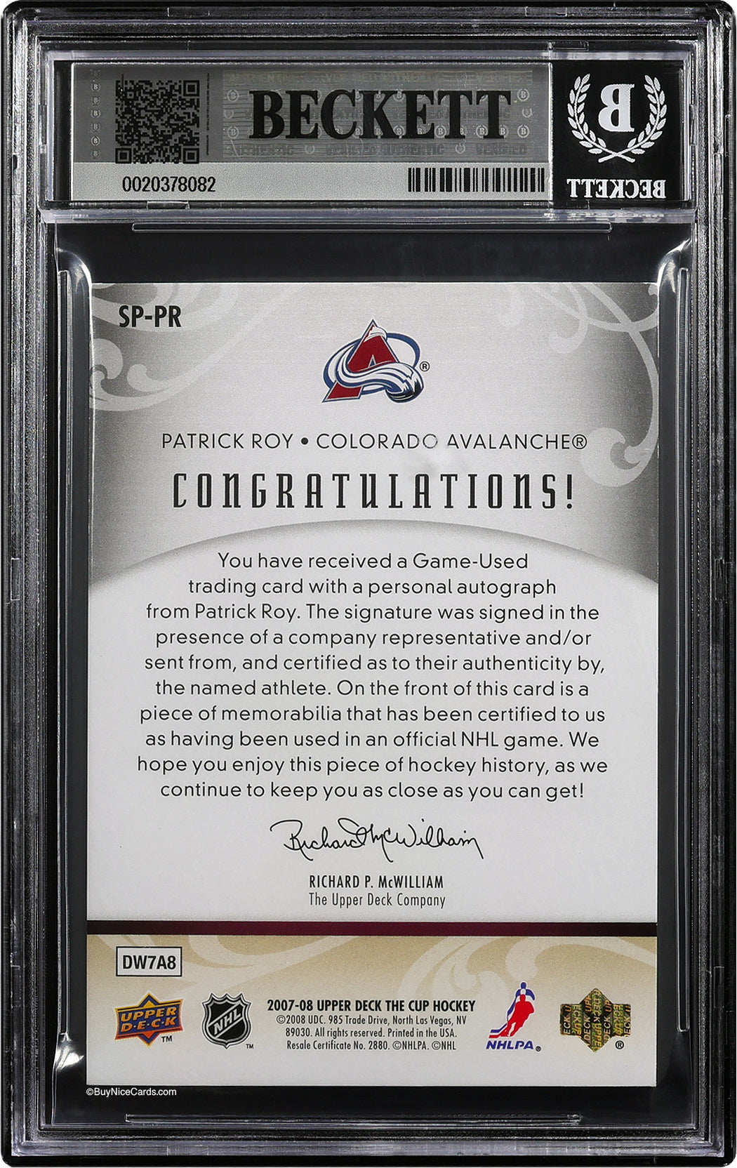 2007-08 Patrick Roy Upper Deck The Cup Signature Patches Auto /25 #SP-PR BGS 8