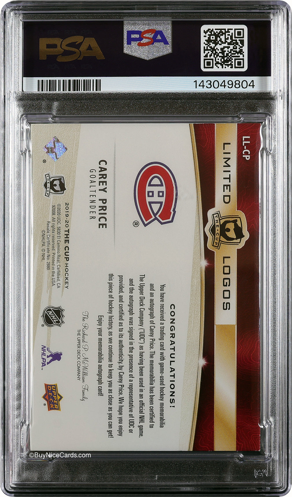 2019 Carey Price Upper Deck The Cup Limited Logos Patch Auto /25 PSA 8