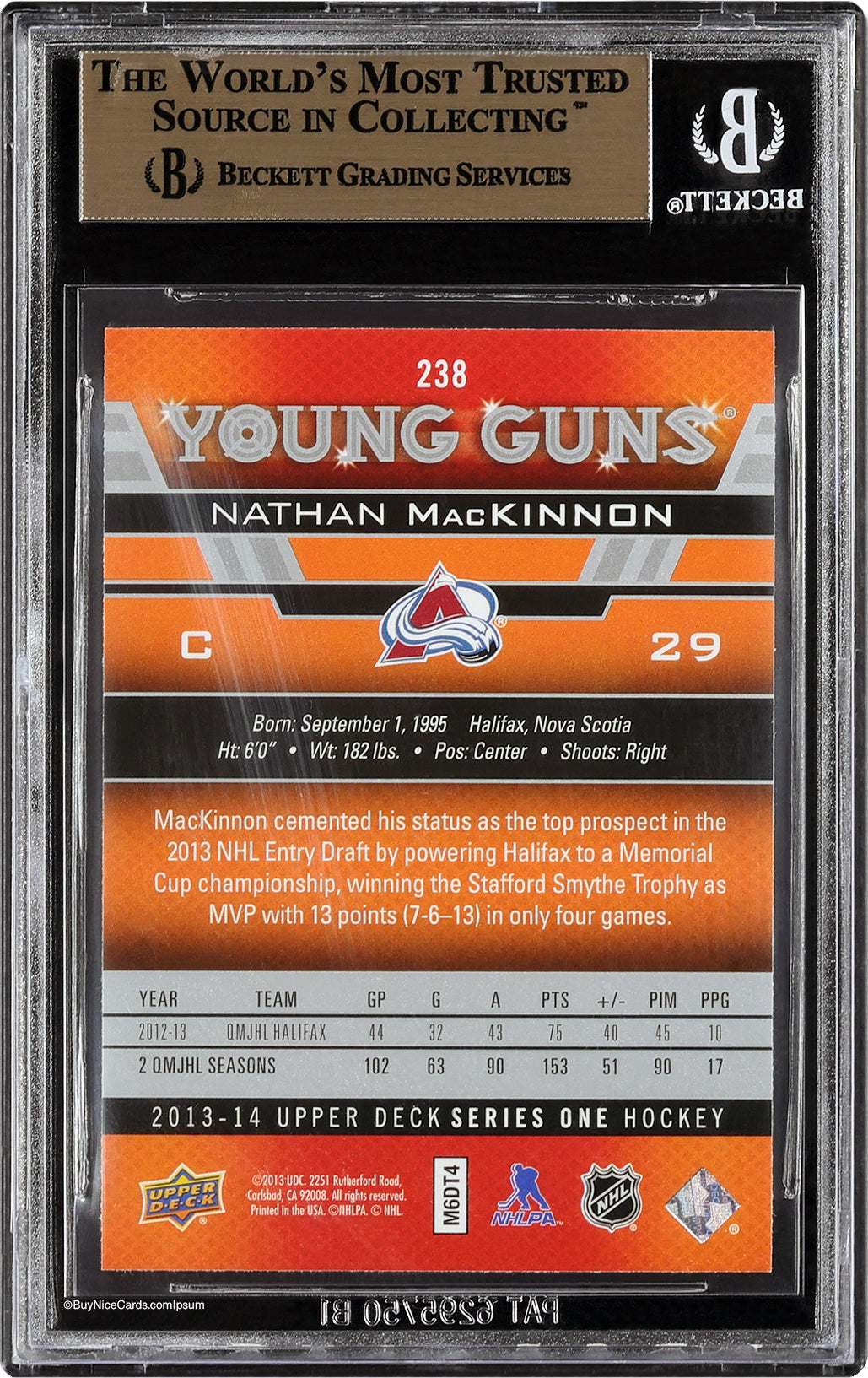 2013-14 Nathan Mackinnon Upper Deck Young Guns RC Rookie #238 BGS 9.5 - .5 From BGS 10