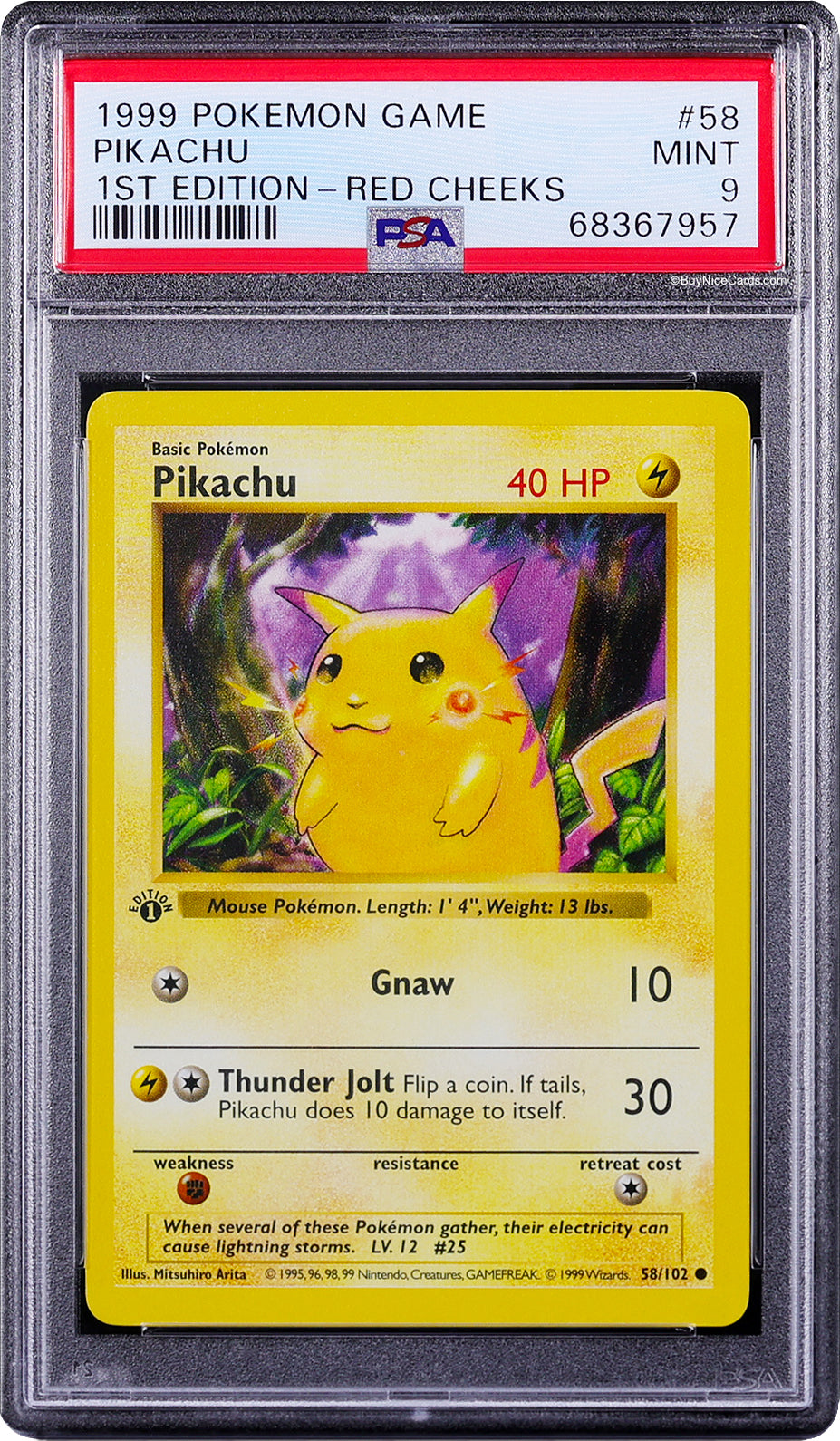 1999 Pikachu Red Cheeks 1st Edition #58 / 102 PSA 9 Mint