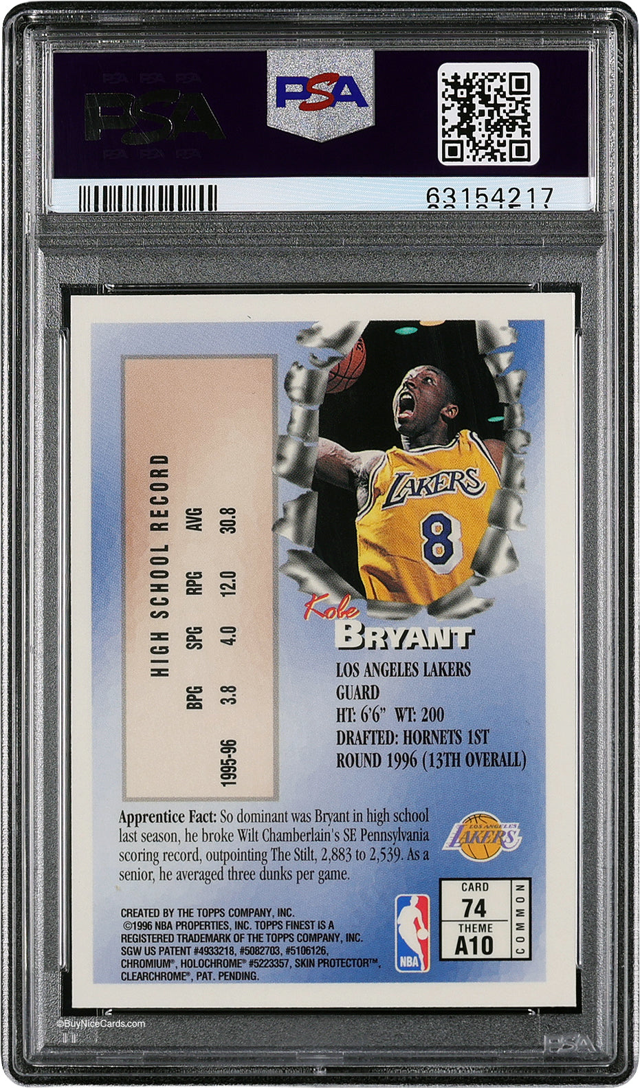 1996 Kobe Bryant Topps Finest w/ Coating RC Rookie #74 PSA 10 Gem Mint