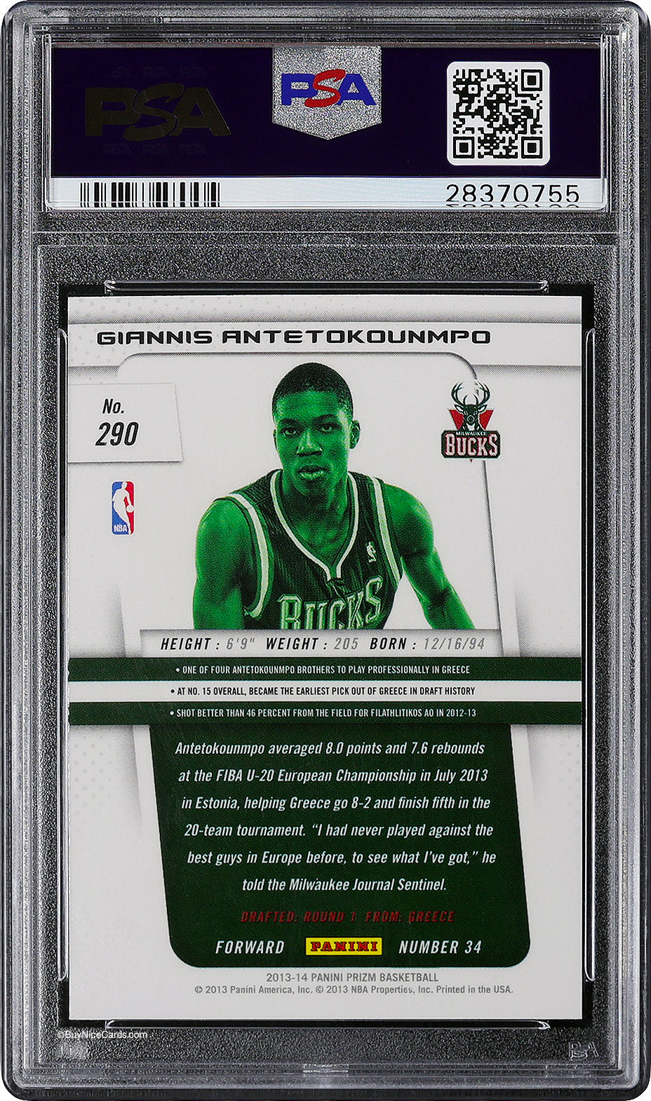 2013 Giannis Antetokounmpo Panini Prizm Base RC Rookie #290 PSA 10 Gem Mint