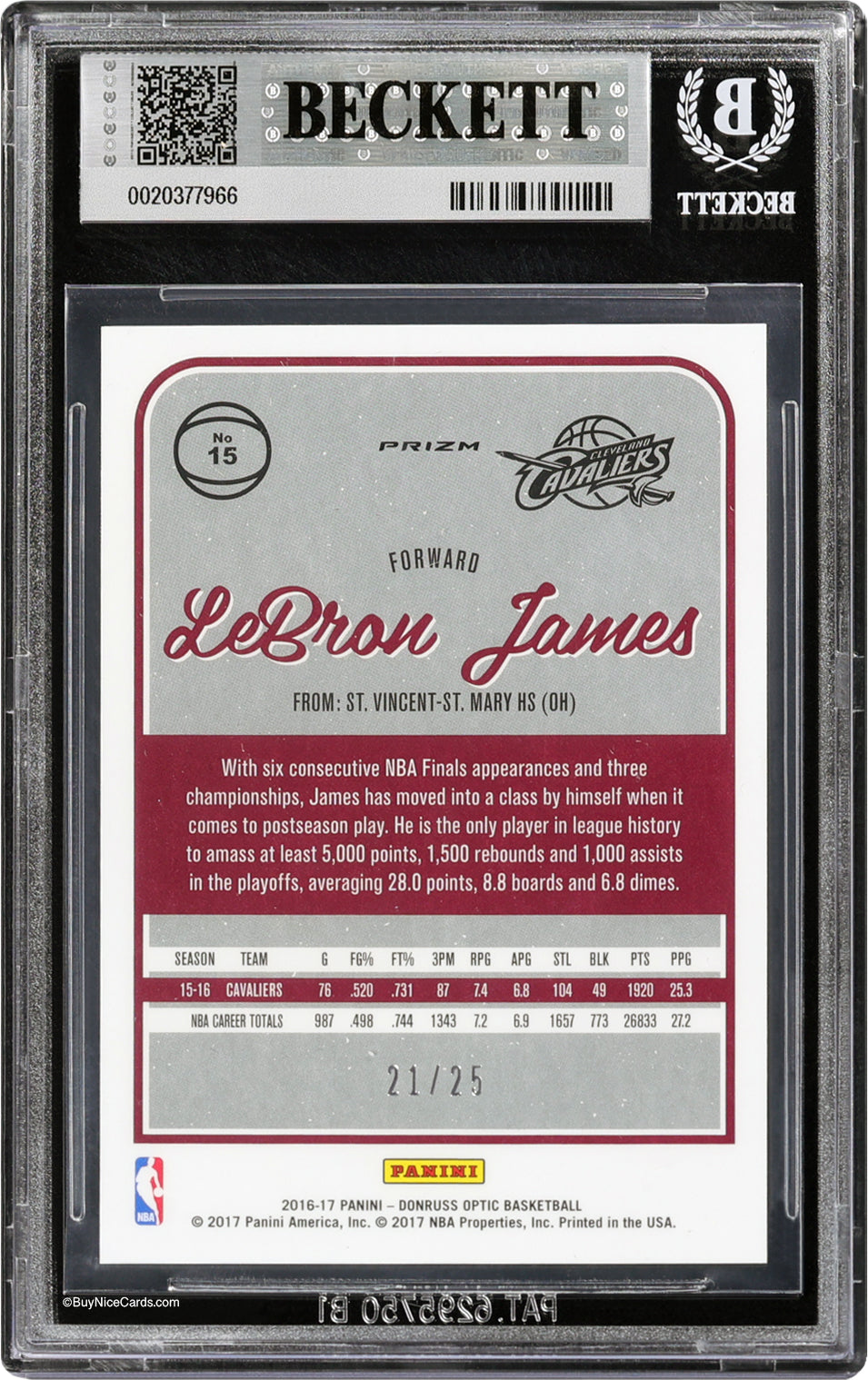 2016-17 Lebron James Donruss Optic Prizms Aqua SP /25 #15 BGS 9 Mint