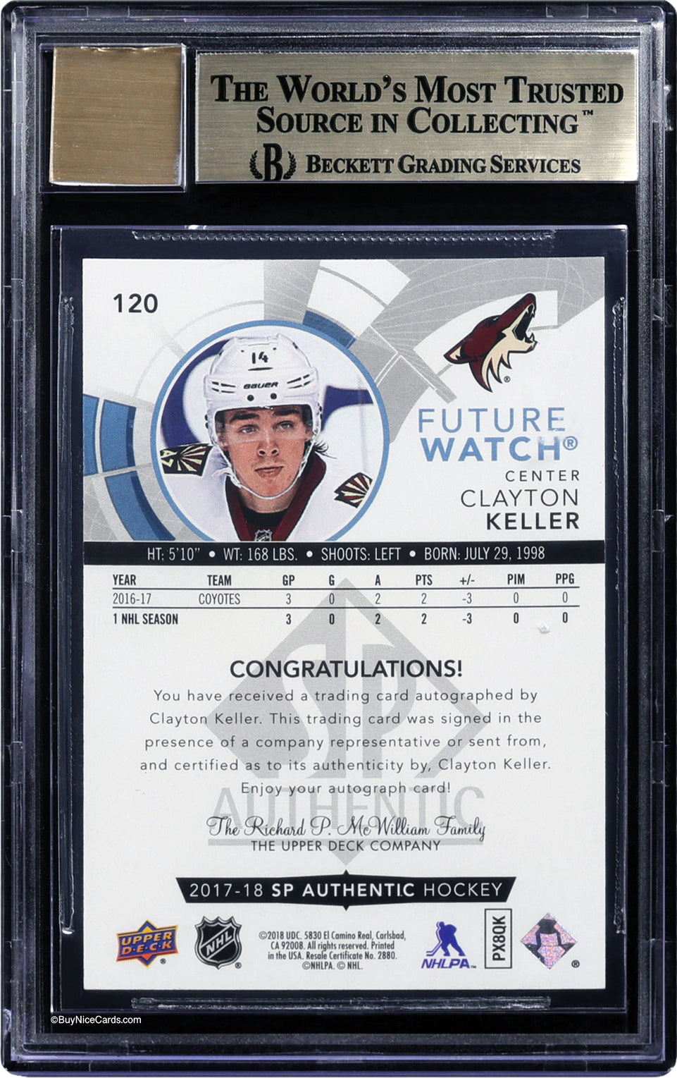 2017-18 Clayton Keller Upper Deck SP Authentic RC Rookie Auto /999 #120 BGS 9.5 / 10