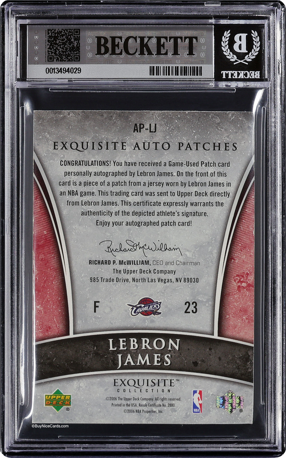 2005-06 LeBron James Upper Deck Exquisite Patch Auto /100 #AP-LJ BGS 8 Nice Auto