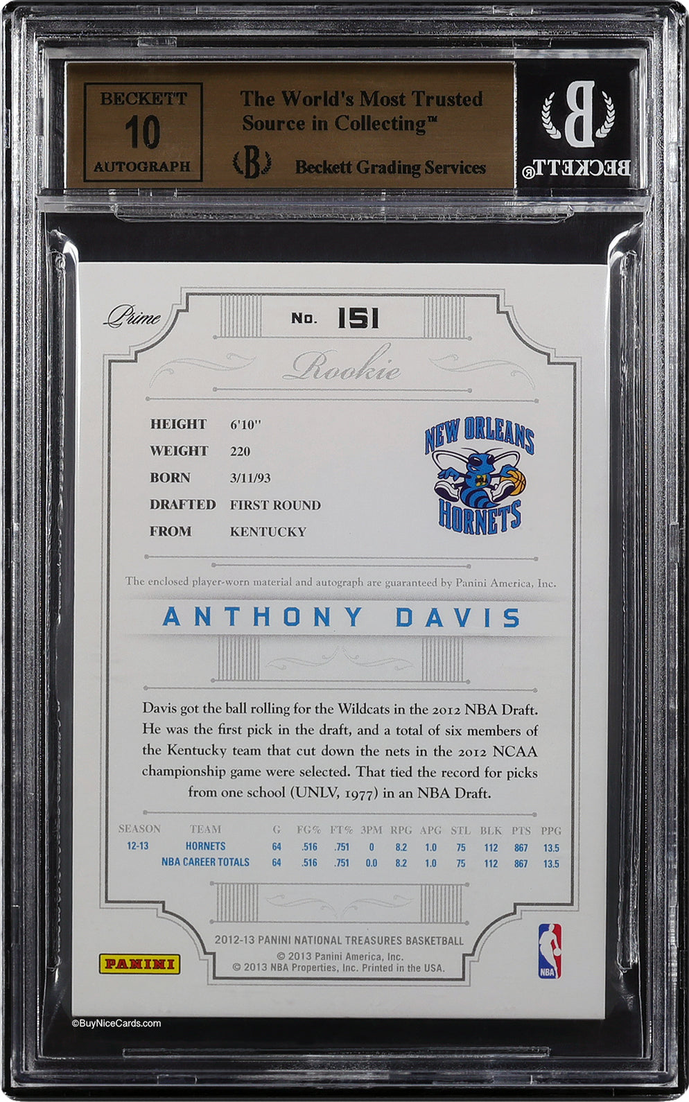 2012-13 Anthony Davis Panini National Treasures RC Rookie Patch Auto /199 BGS 9.5 / 10