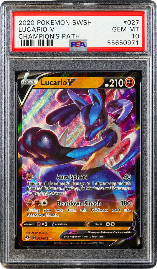 2020 Lucario V Pokemon Sword & Shield SWSH Champion's Patch #027 PSA 10 Gem Mint