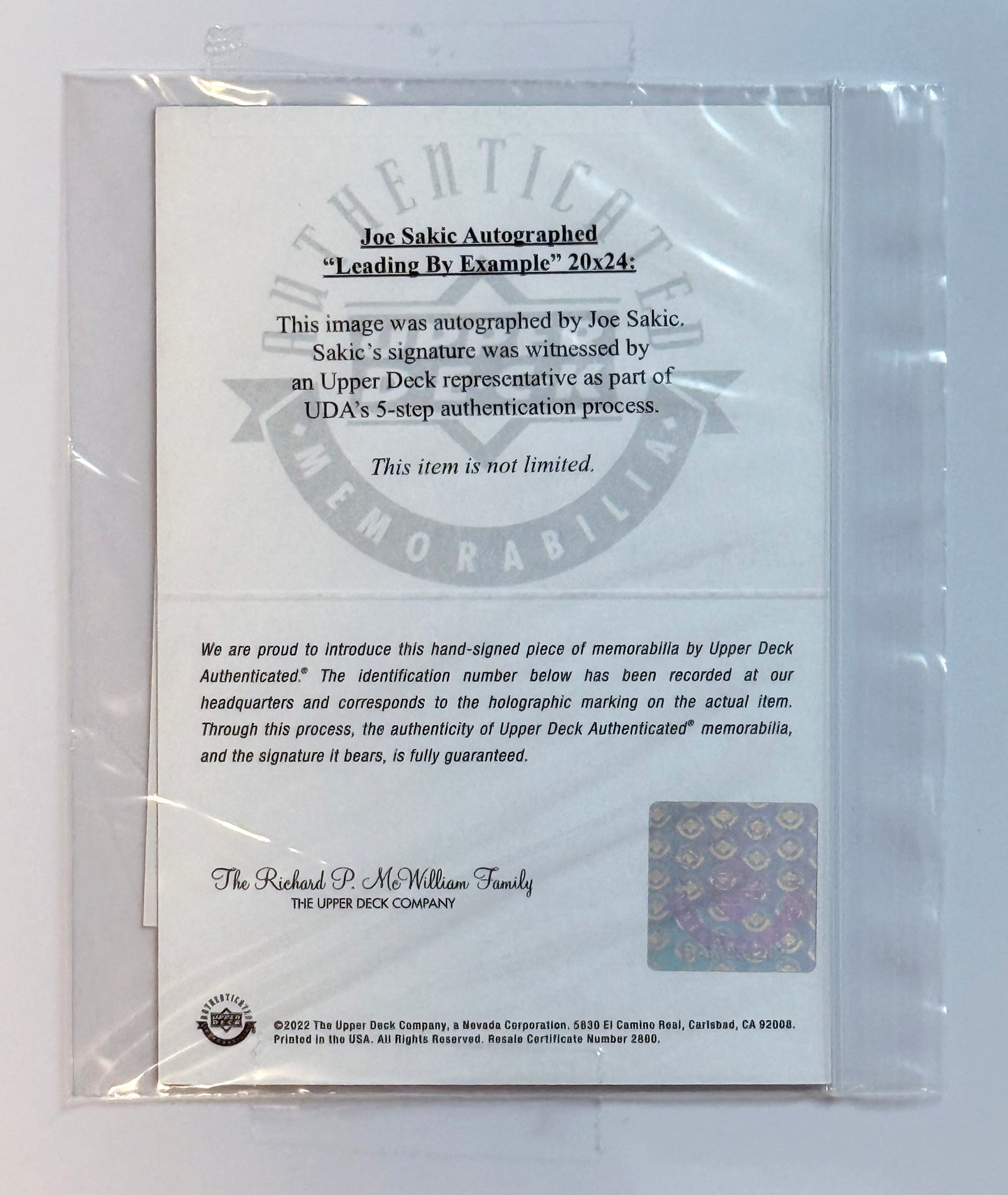 Joe Sakic “Leading By Example” 20x24 Silver Ink Autographed Print Upper Deck Authentic with UDA