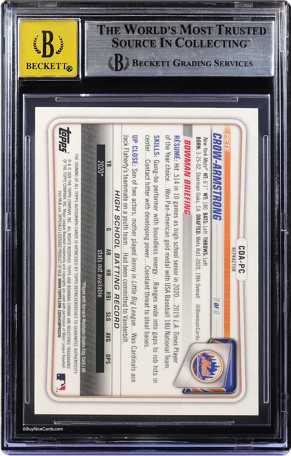 2020 Pete Crow-Armstrong Bowman Chrome Draft RC Rooke Auto /499 BGS 9 / 10
