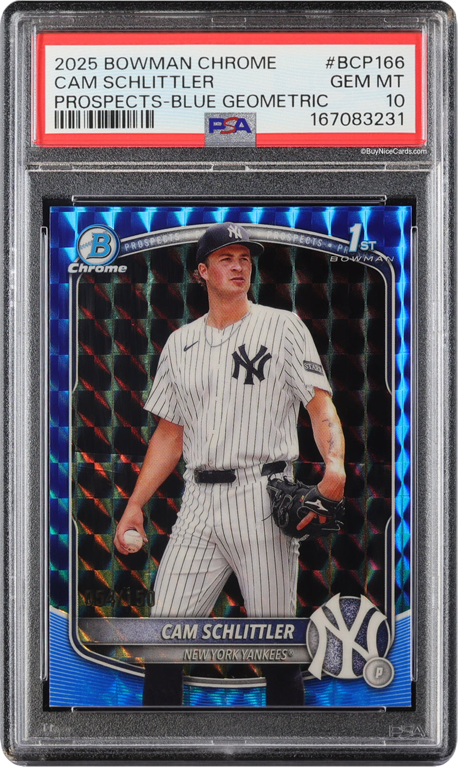 2025 Cam Schlittler Bowman Chrome Blue Geometric RC Rookie /150 #BCP166 PSA 10 Gem Mint