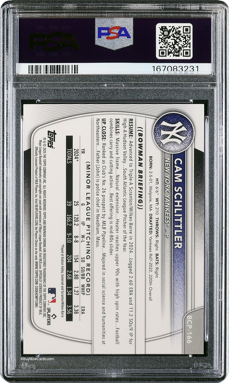 2025 Cam Schlittler Bowman Chrome Blue Geometric RC Rookie /150 #BCP166 PSA 10 Gem Mint