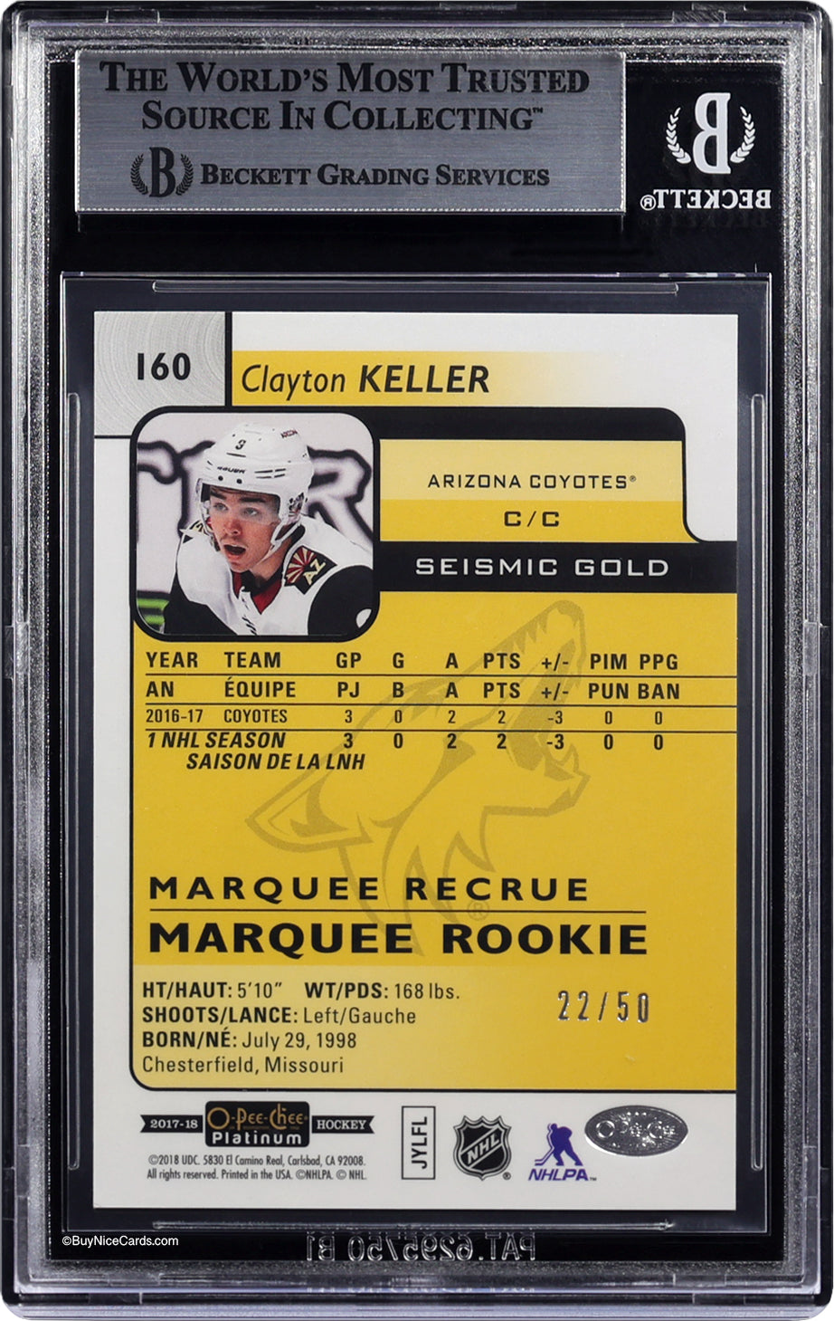 2017-18 Clayton Keller O-Pee-Chee Platinum Seismic Gold RC Rookie /50 #160 BGS 9
