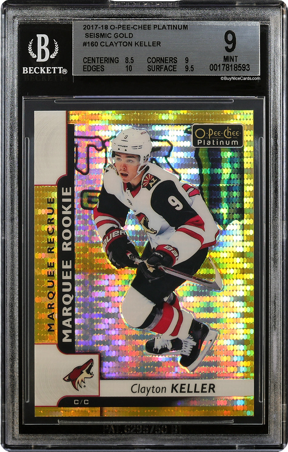 2017-18 Clayton Keller O-Pee-Chee Platinum Seismic Gold RC Rookie /50 #160 BGS 9