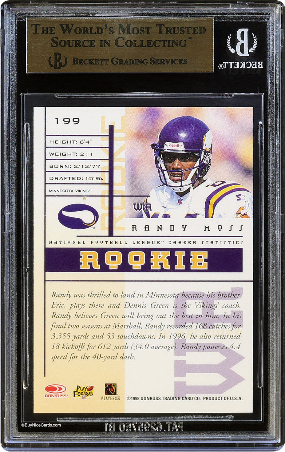 1998 Randy Moss Leaf Rookies & Stars RC Rookie #199 BGS 10 Pristine Pop 4