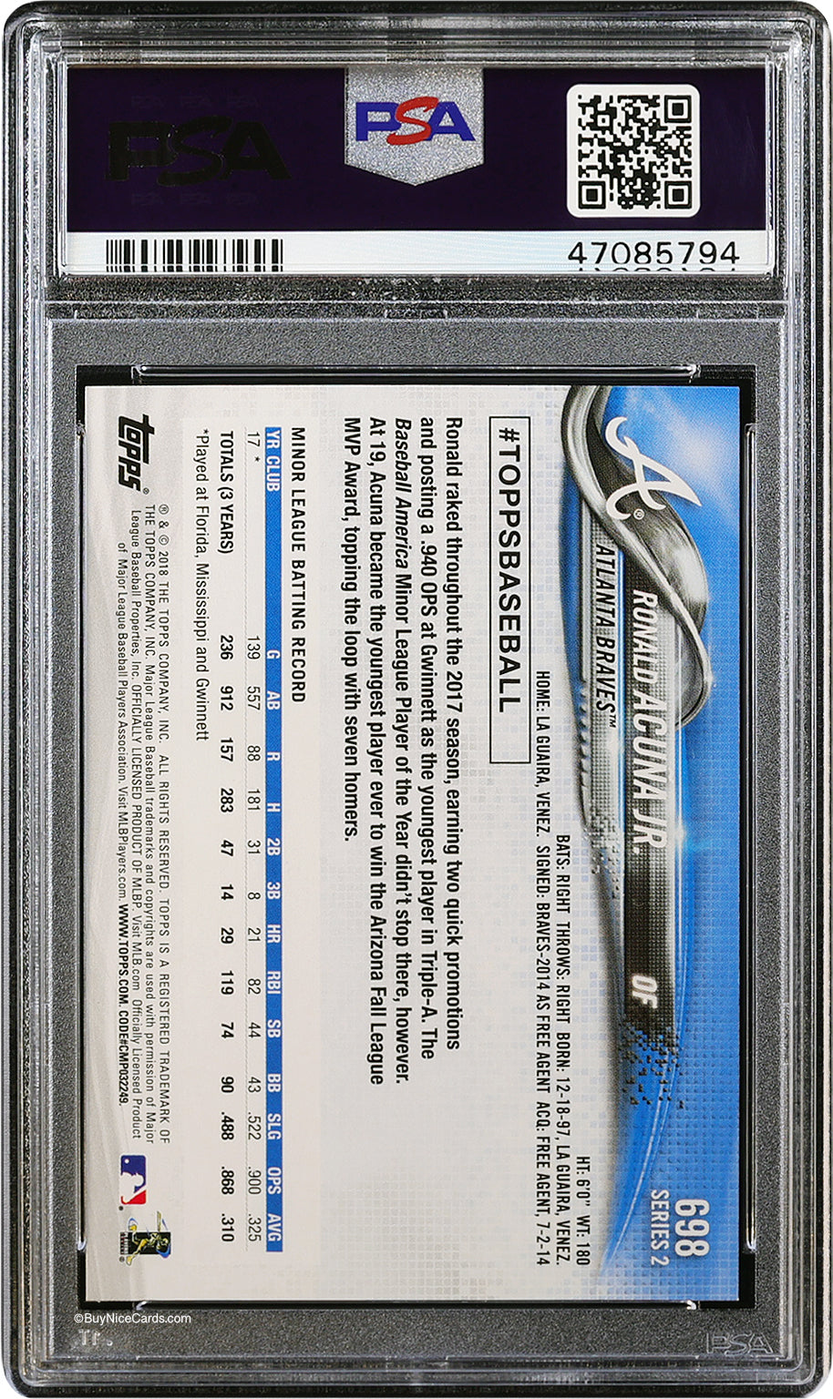 2018 Ronald Acuna Jr. Topps Update  #US250 PSA 10 Gem Mint