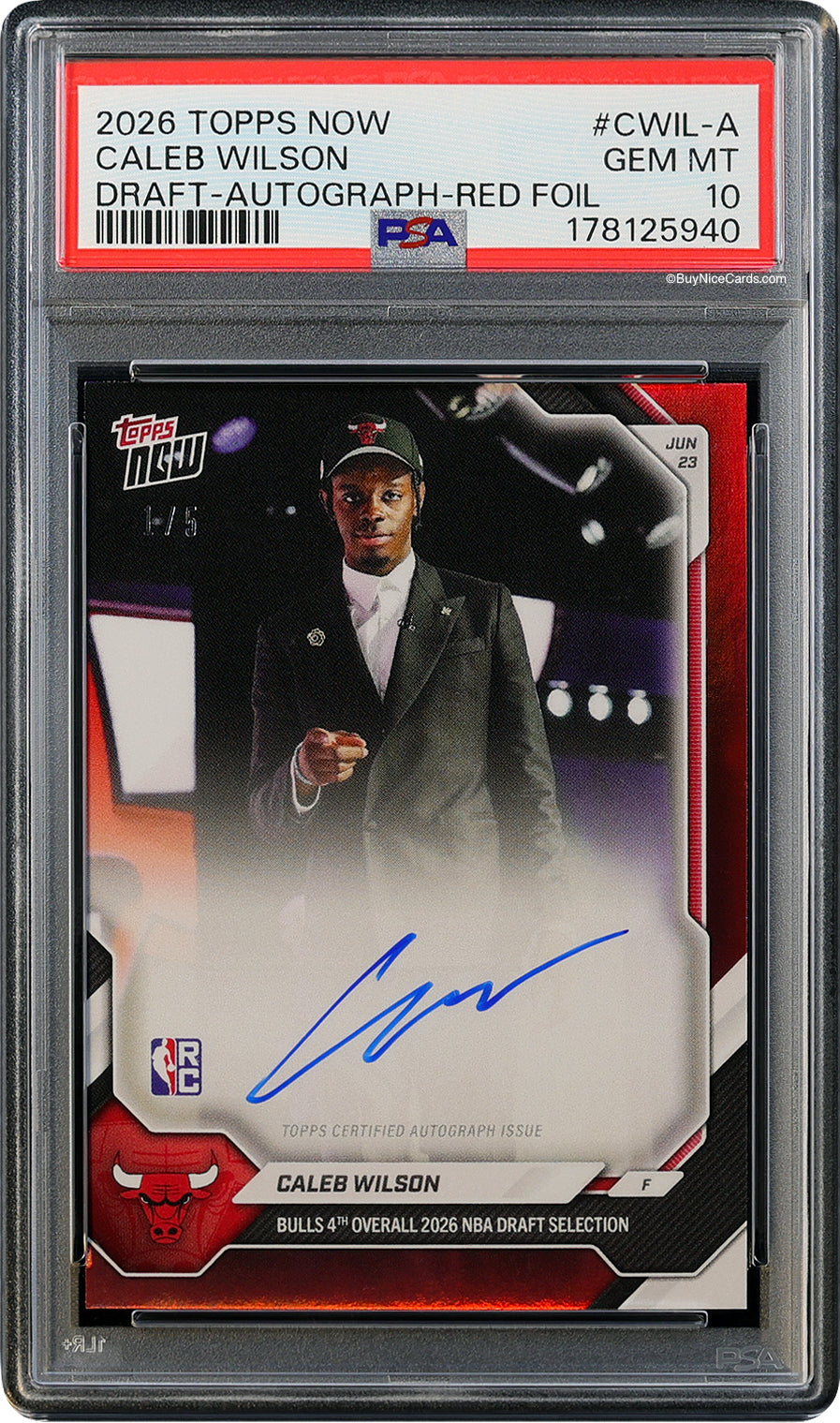 2026 Caleb Wilson Topps Now Draft Red Foil SP RC Rookie Auto /5 #CWIL-A PSA 10 Gem Mint