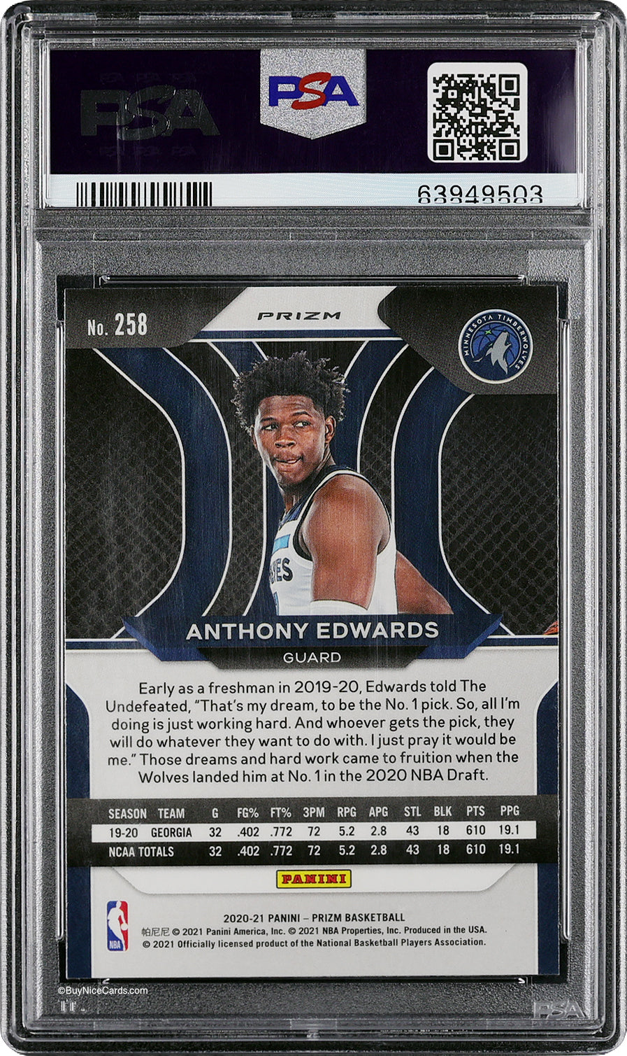 2020 Anthony Edwards Panini Prizm Silver Prizms SP RC Rookie Refractor #258 PSA 10 Gem Mint