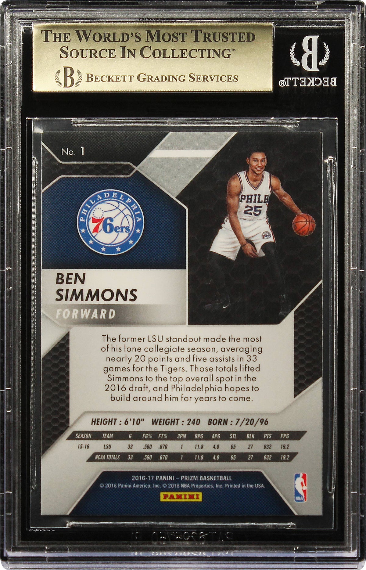 2016-17 Bem Simmons Panini Prizm Base RC Rookie #1 BGS 9.5 Gem Mint True Gem