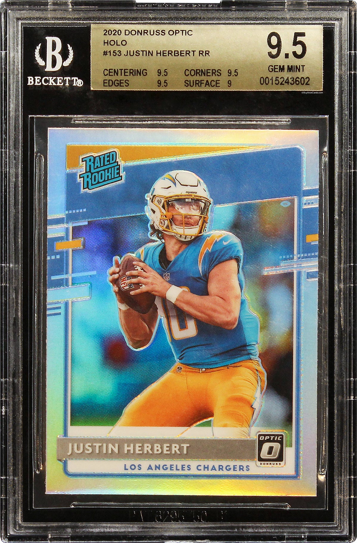 2020 Justin Herbert Panini Optic Holo Prizms Silver Refractor SP RC Rookie #153 BGS 9.5 Gem Mint