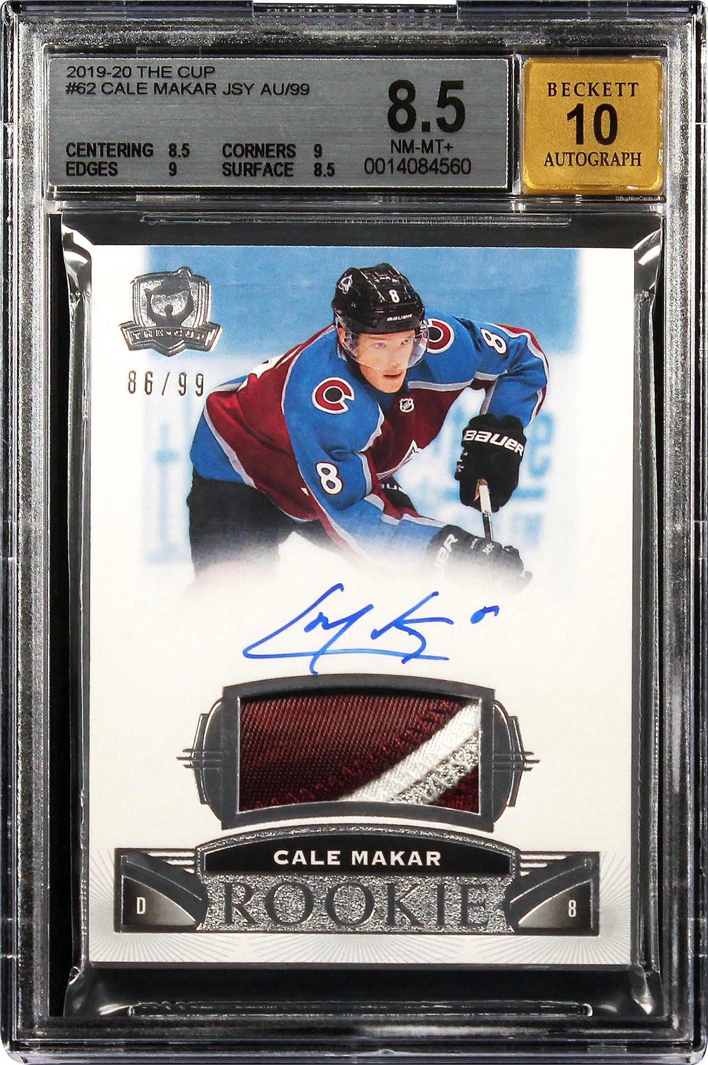 2019-20 Cale Makar Upper Deck The Cup RC Rookie Patch /99 #62 BGS 8.5