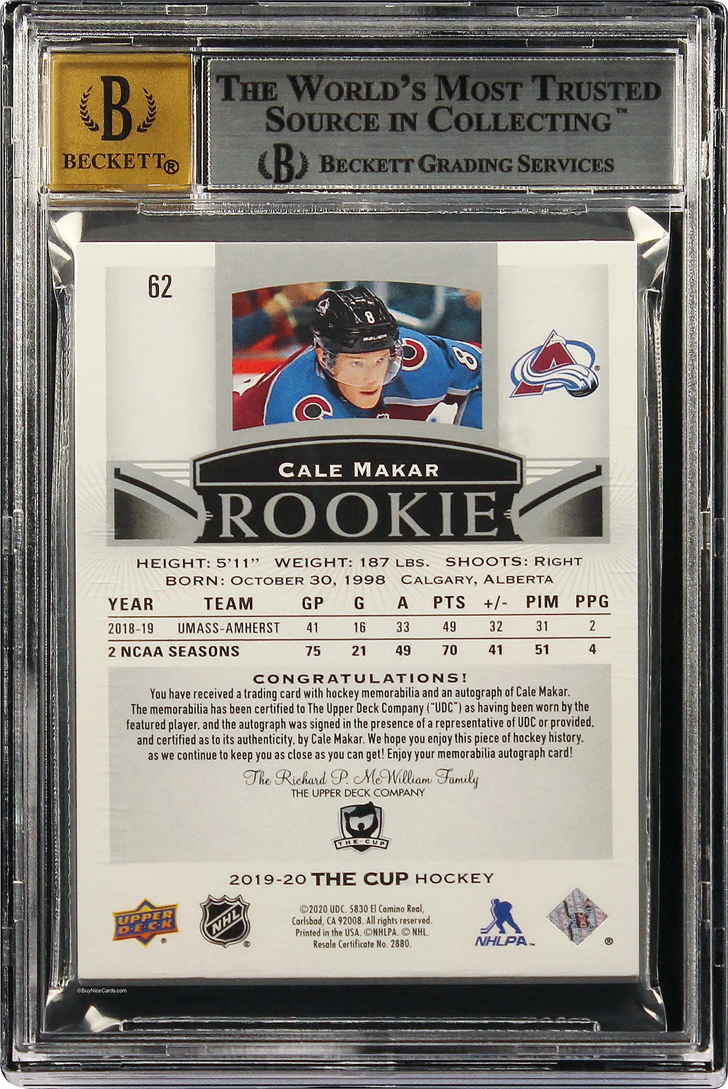 2019-20 Cale Makar Upper Deck The Cup RC Rookie Patch /99 #62 BGS 8.5