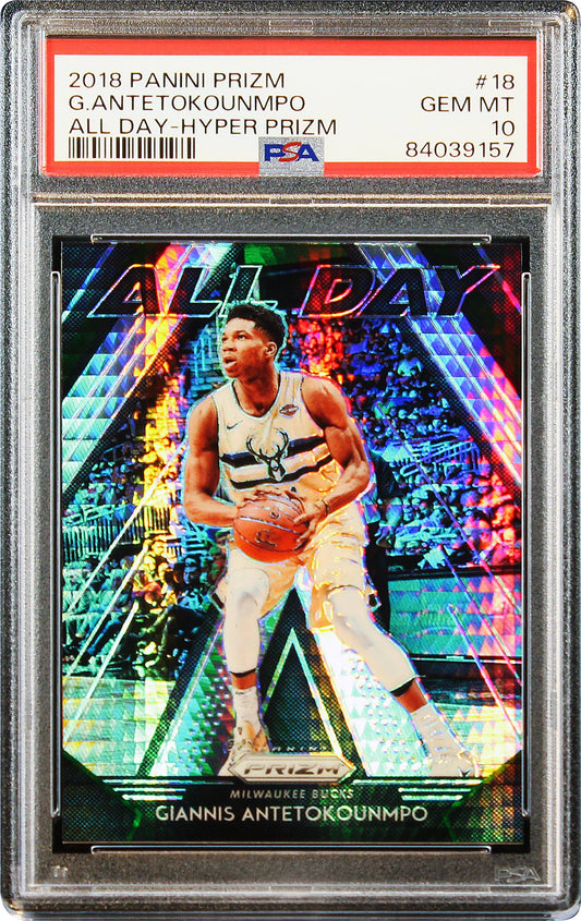 2018 Giannis Antetokounmpo Panini Prizm Hyper All Day #18 PSA 10 Gem Mint