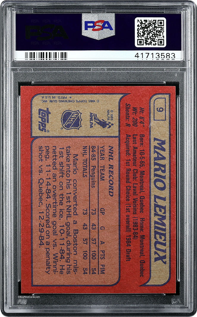 1985 Mario Lemieux Topps RC Rookie #9 PSA 10 Gem Mint Very Nice Eye Appeal