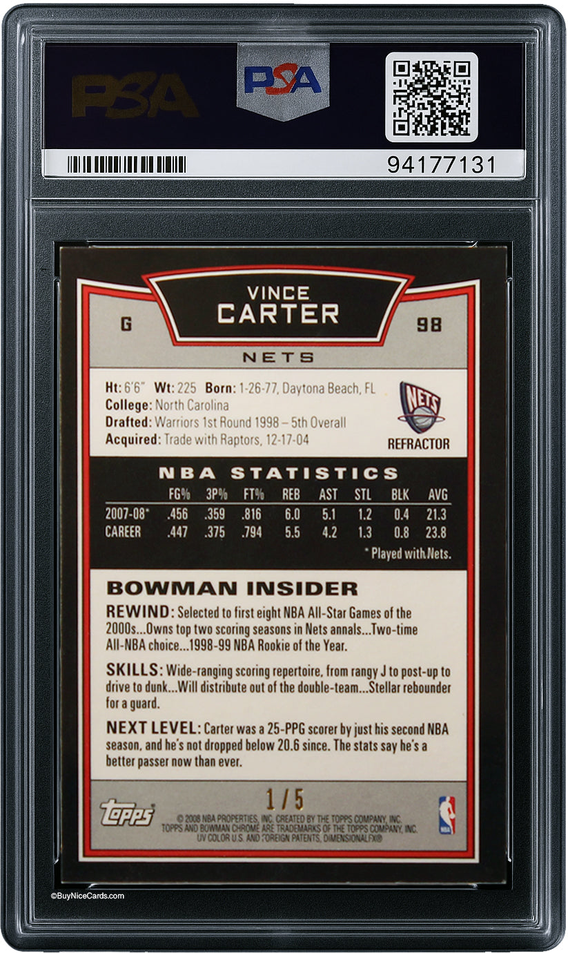 2008 Vince Carter Bowman Chrome Chrome Red Refractor /5 # 98 PSA 8 NM-MT