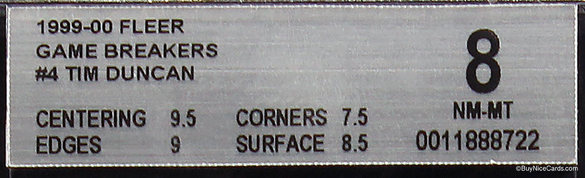 1999 Tim Duncan Fleer Game Breakers SP Die Cut # 4 /100 BGS 8