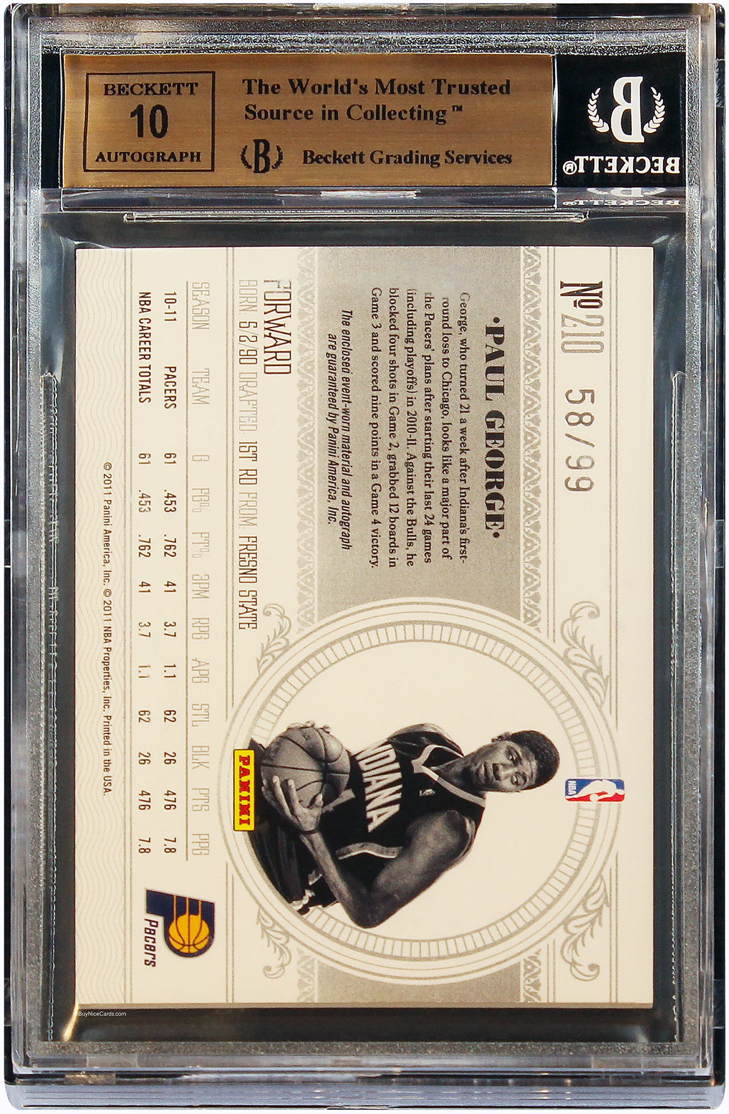 2010 Paul George Panini National Treasures RC Rookie Patch Auto /99 #210 BGS 9.5