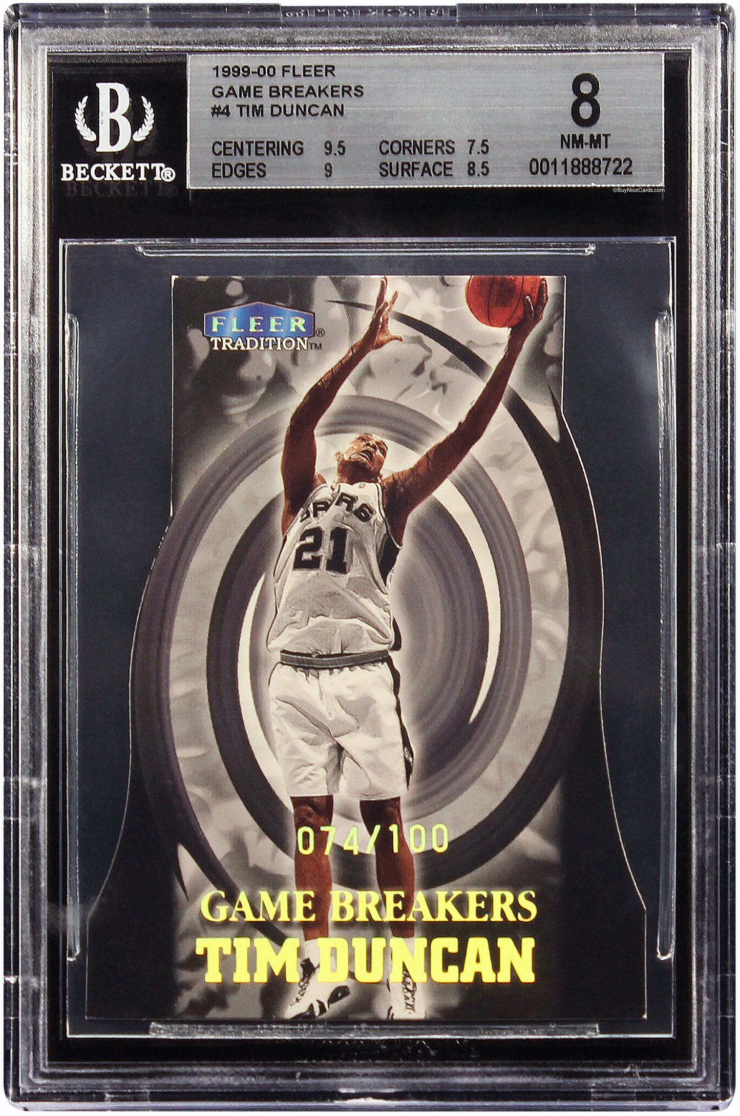 1999 Tim Duncan Fleer Game Breakers SP Die Cut # 4 /100 BGS 8