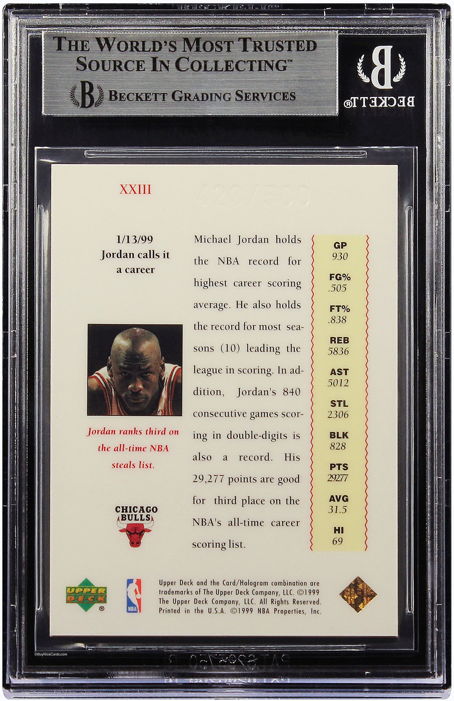 1999 Michael Jordan Upper Deck Master Collection #23 /500 BGS 9 Mint