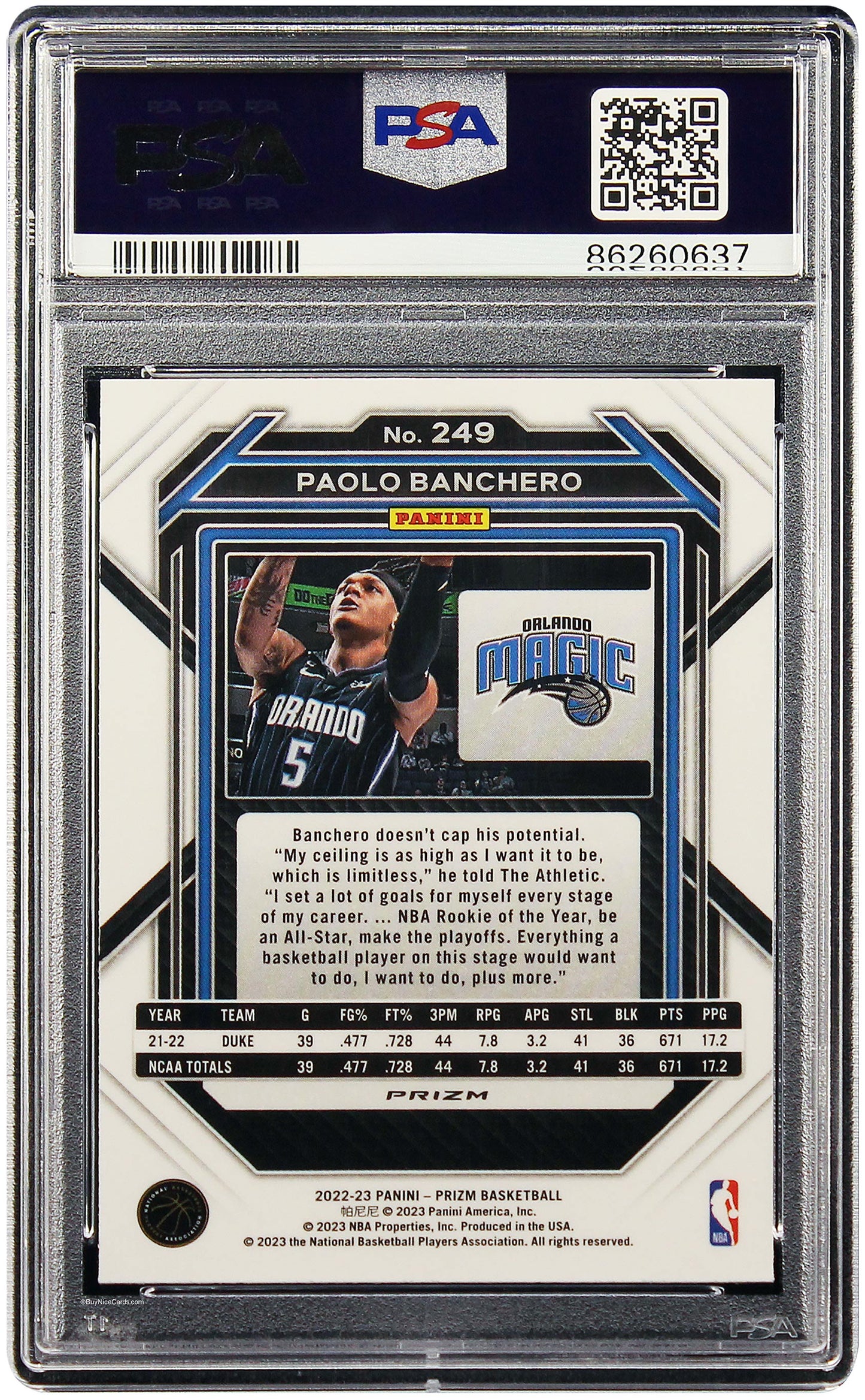 2022 Paolo Banchero Panini Prizm Silver #249 PSA 9 Mint