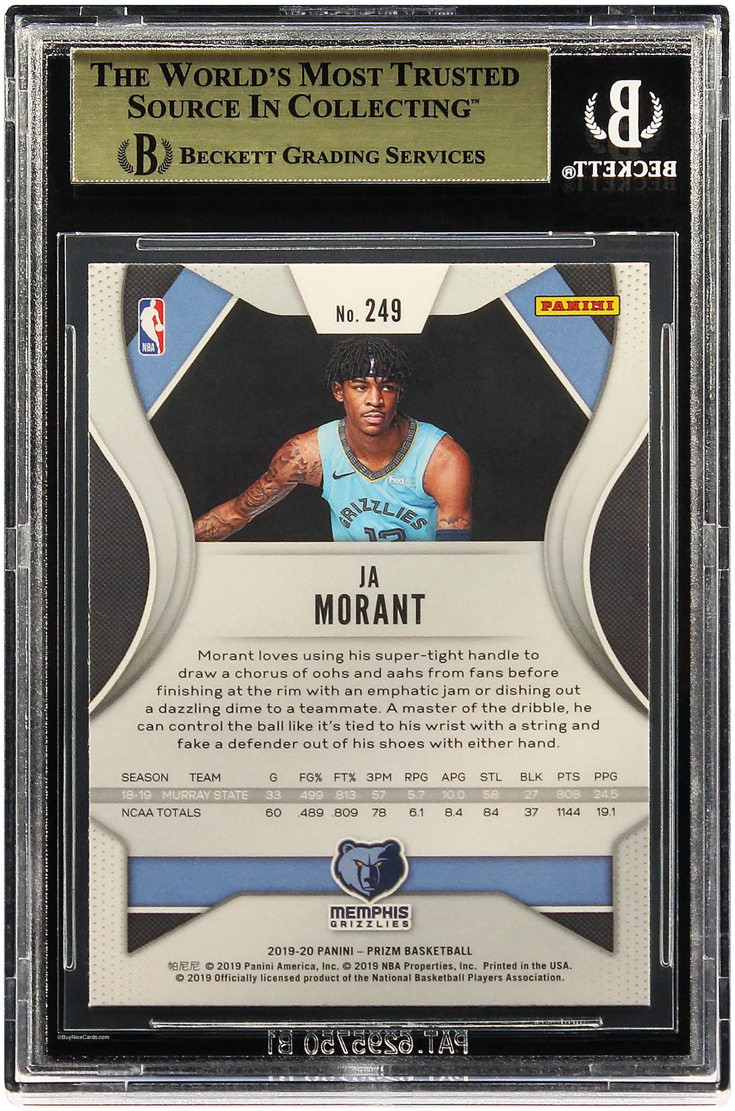 2019 Ja Morant Panini Prizm Base RC Rookie # 249 BGS 9.5 Gem Mint