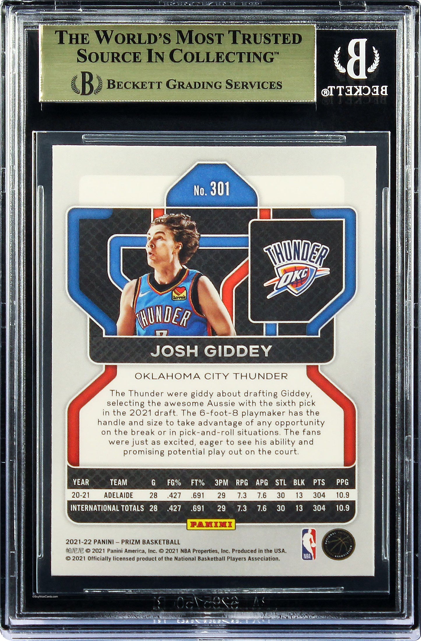 2021-22 Josh Giddey Panini Prizm Base RC Rookie #301 BGS 9.5 Gem Mint