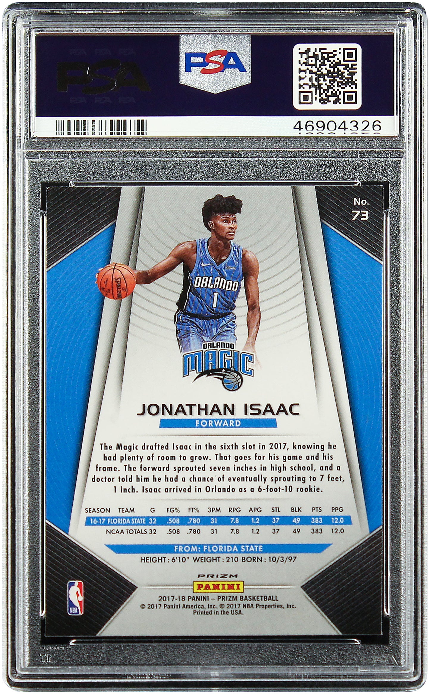 2017 Jonathan Isaac Panini Prizm Silver Prizms Refractor SP RC Rookie #73 PSA 10