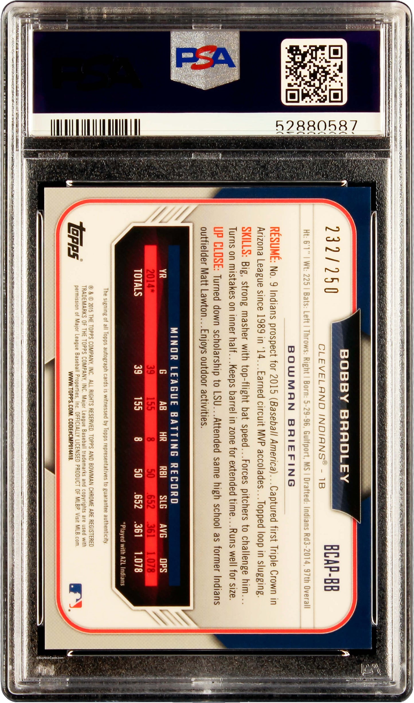 2015 Bobby Bradley Bowman Chrome Purple Refractor Auto #bb /250 PSA 9 Mint