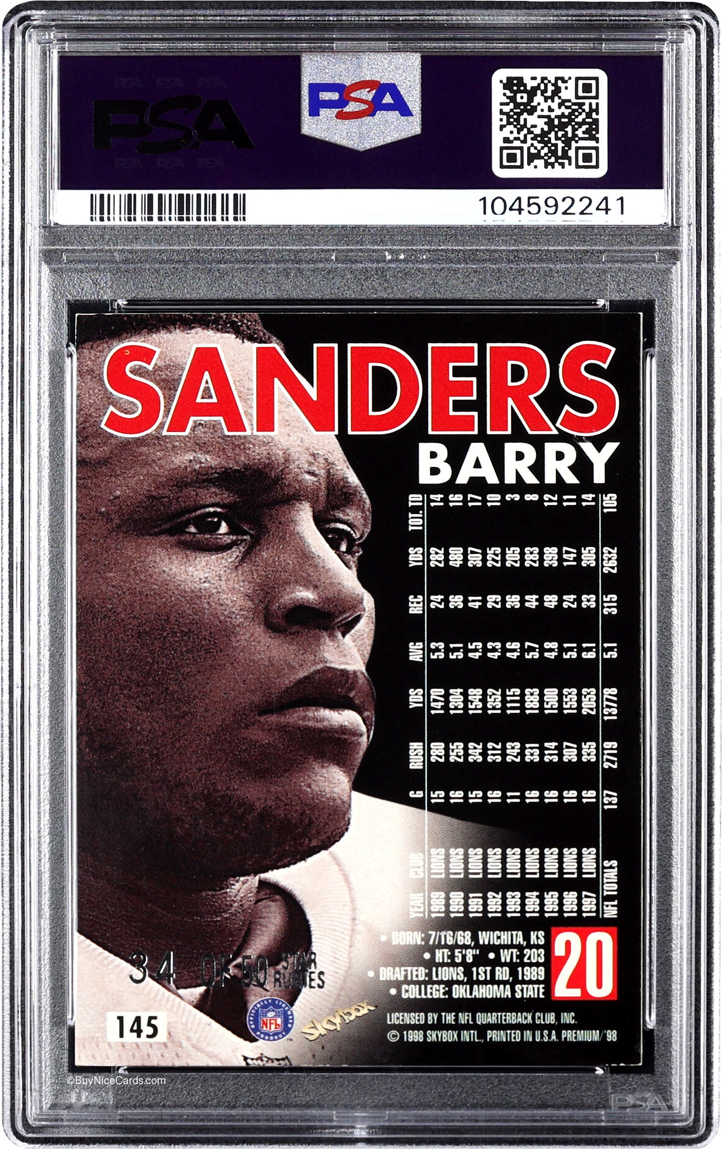 1998 Barry Sanders Skybox Premium Star Rubies SP /50 # 145 PSA 6