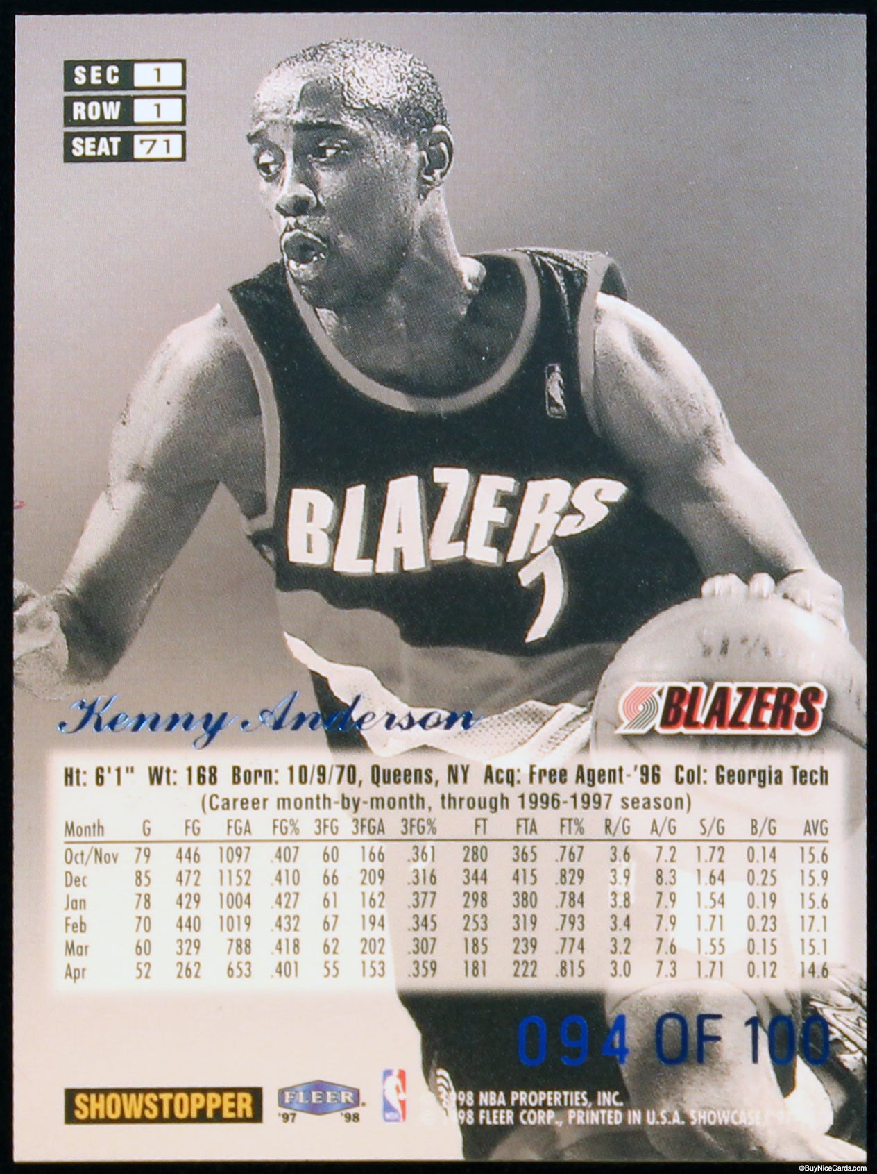 1997 Kenny Anderson Fleer Flair Showcase Legacy Collection Row 1 /100 # 71
