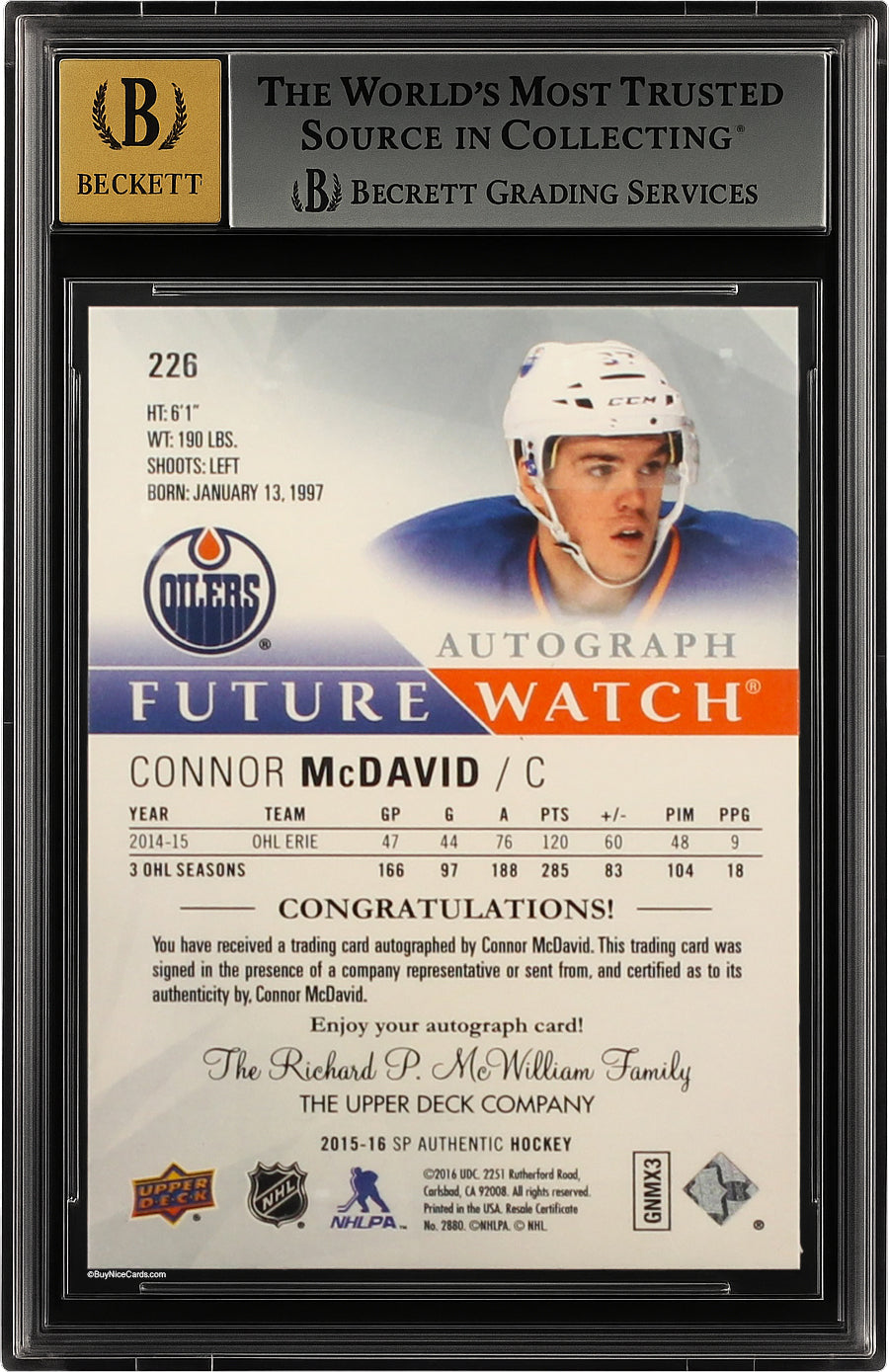 2015-16 Connor Mcdavid Upper Deck SP Authentic Future Watch RC Rookie Auto /999 #226 BGS 9 Mint