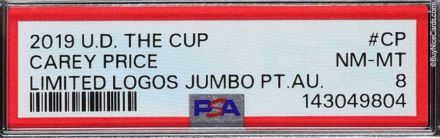 2019 Carey Price Upper Deck The Cup Limited Logos Patch Auto /25 PSA 8
