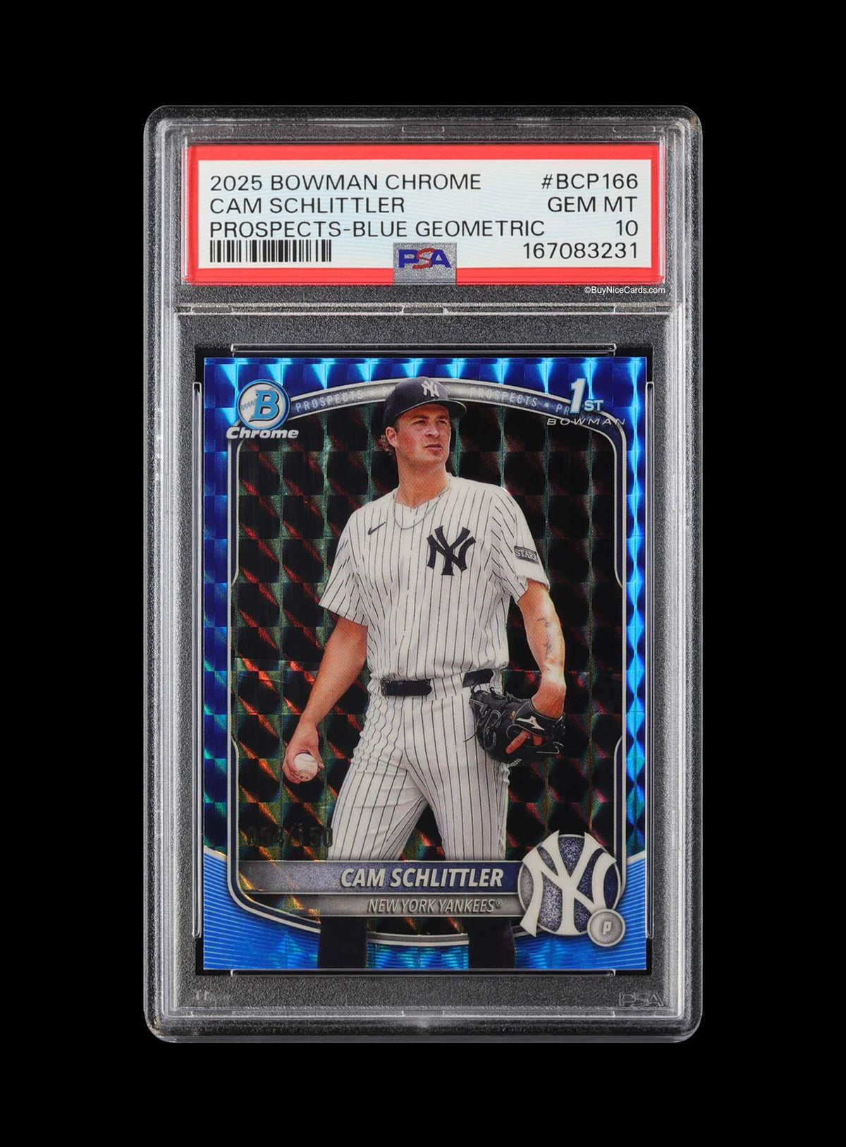2025 Cam Schlittler Bowman Chrome Blue Geometric RC Rookie /150 #BCP166 PSA 10 Gem Mint