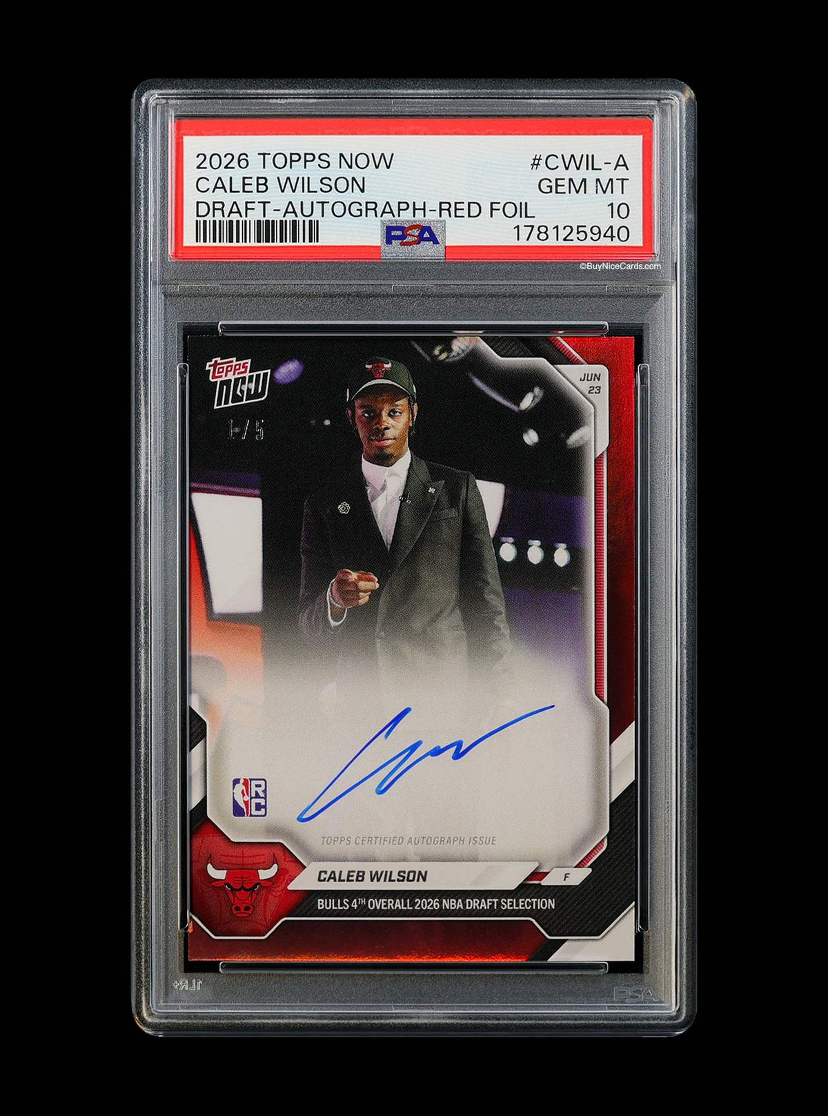 2026 Caleb Wilson Topps Now Draft Red Foil SP RC Rookie Auto /5 #CWIL-A PSA 10 Gem Mint
