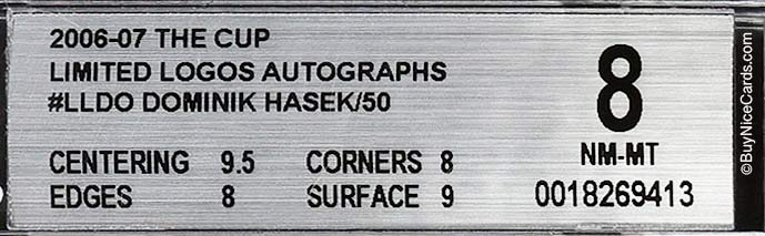 2006-07 Dominik Hasek Upper Deck The Cup Limited Logos Patch Auto /50 #LLDO BGS 8