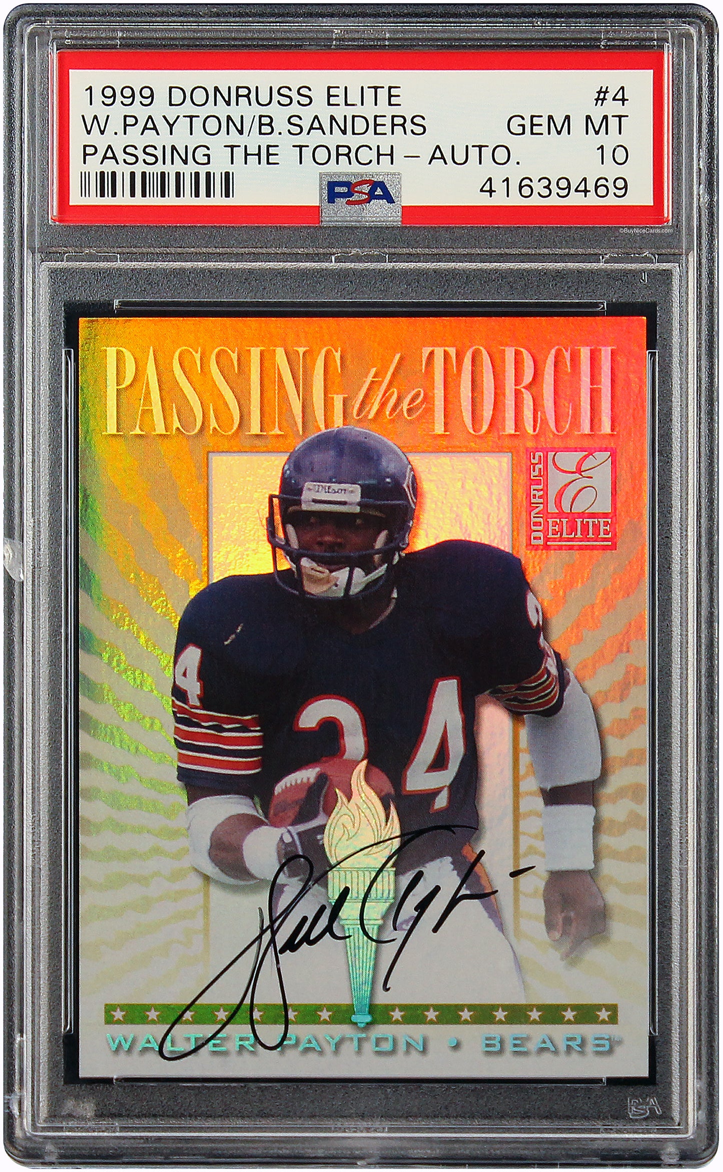 1999 Barry Sanders Walter Payton Donruss Elite Passing the Torch Auto #4 PSA 10