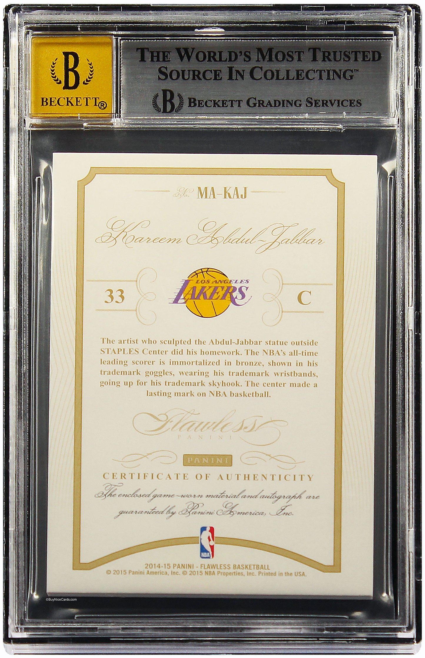 2014 Kareem Abdul-Jabbar Panini Flawless Momentous Patch Auto # 38 BGS 8.5