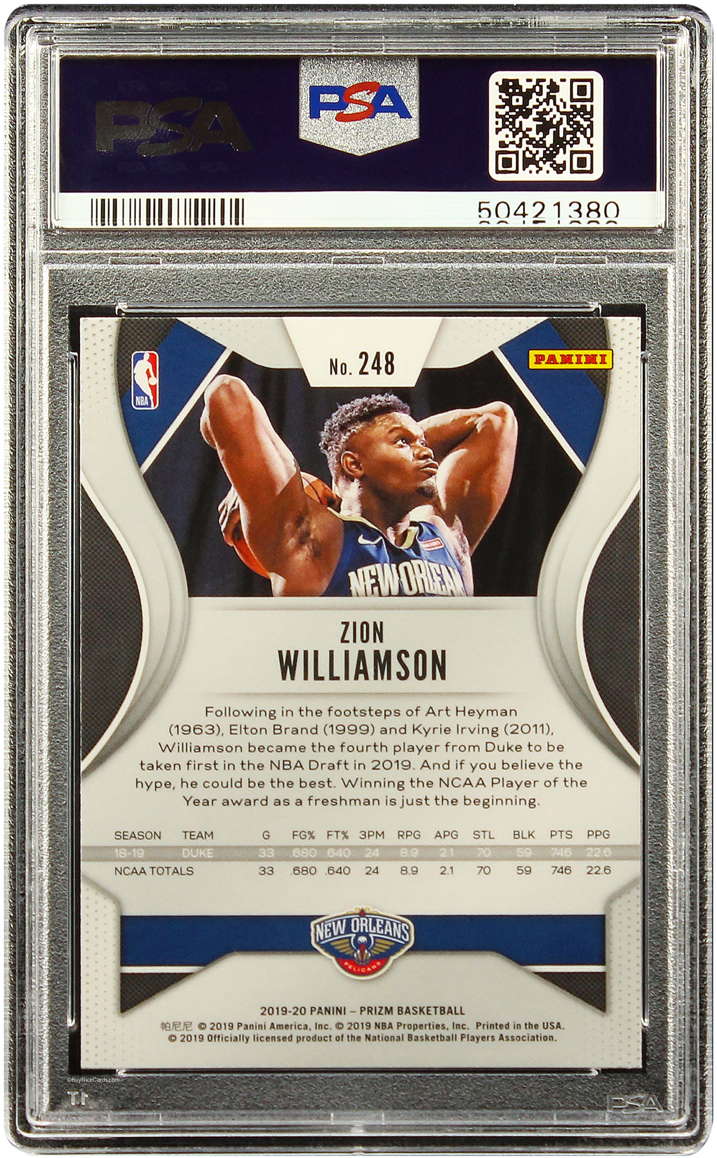 2019 Zion Williamson Panini Prizm Base RC Rookie #248 PSA 10 Gem Mint